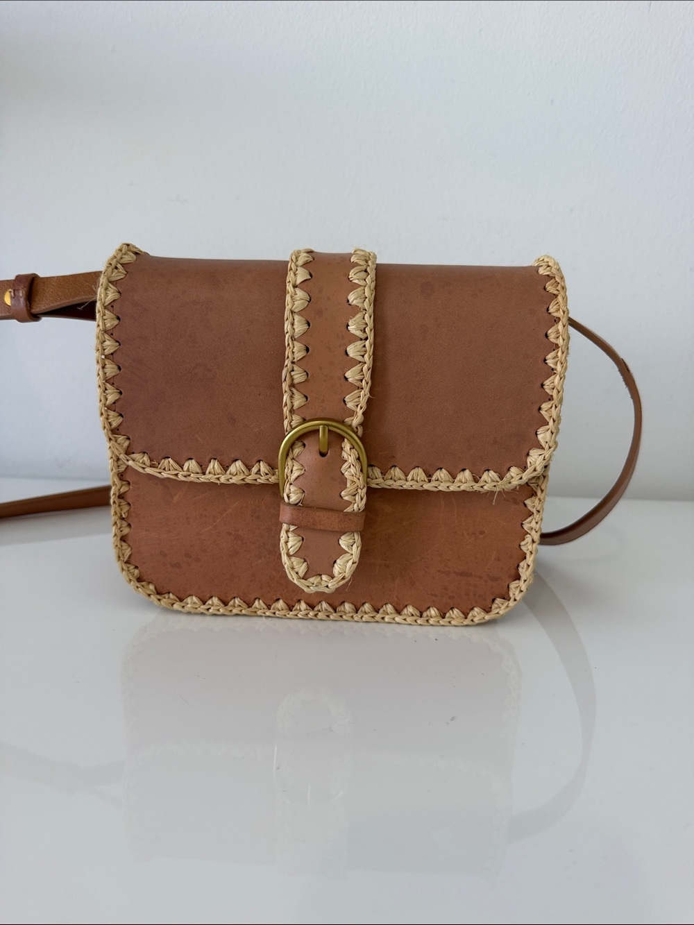 Loeffler Randall Brown Leather Crossbody with Cream Woven Trim